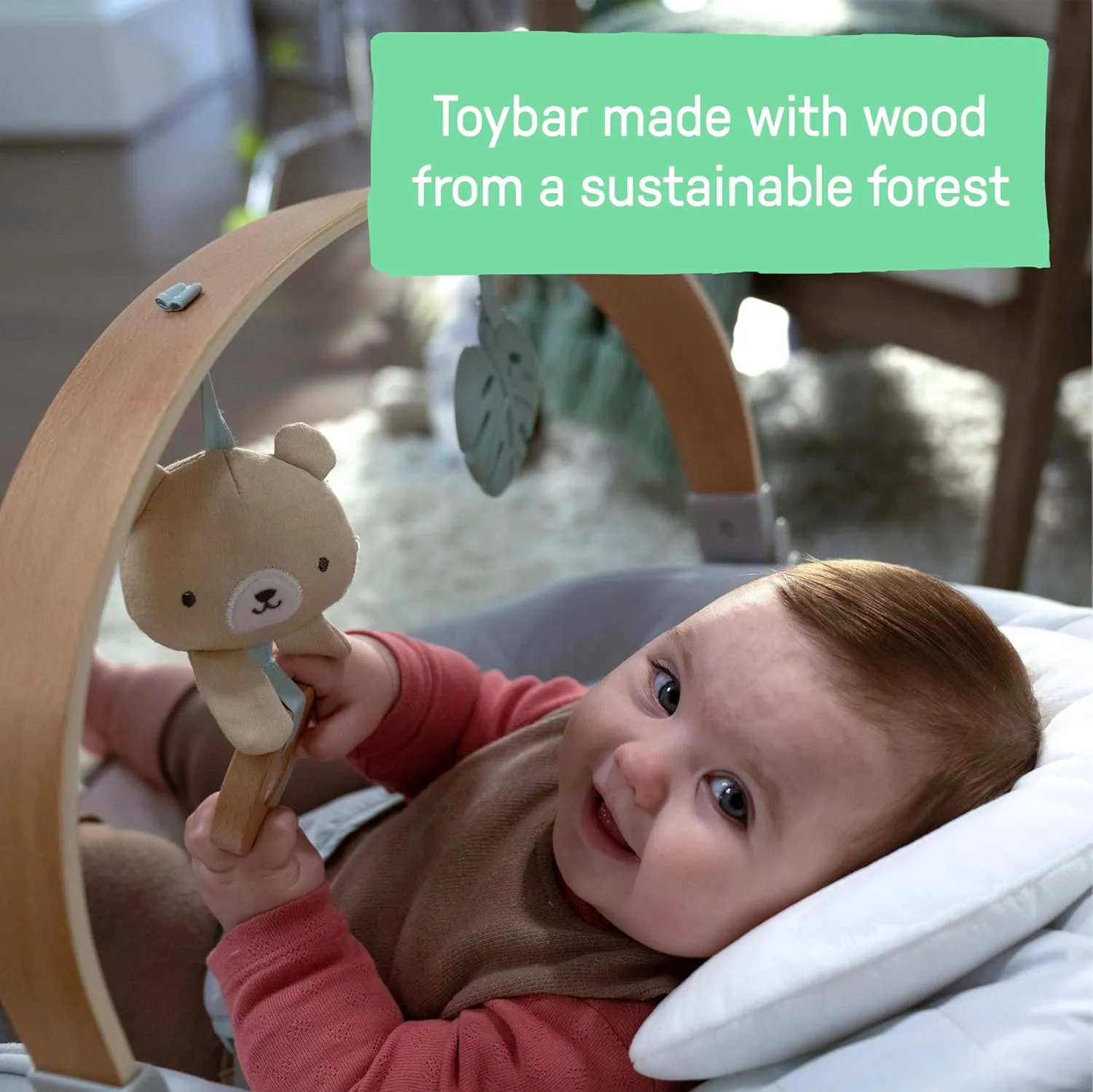 Ingenuity Cozy Spot Soothing Baby Bouncer with Wooden-Toy Arch, Natural Rubber-Toy, Safety Harness, Music & Auto-Shutoff, 0-6 Months, Grey