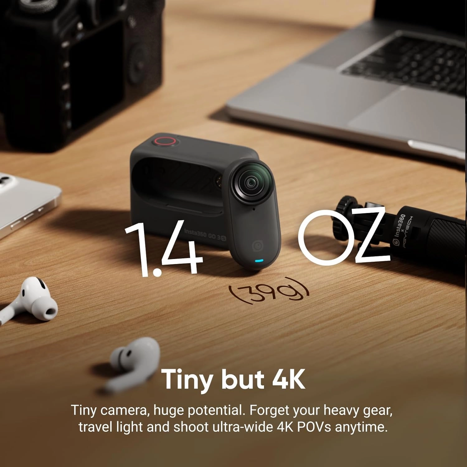 Insta360 GO 3S - 64 GB Black 4K Tiny Portable Vlogging Camera, Hands-Free POVs, Mount Anywhere, Stabilization, 140 Min Battery Life, 10m Waterproof, Apple Find My, Pet POV