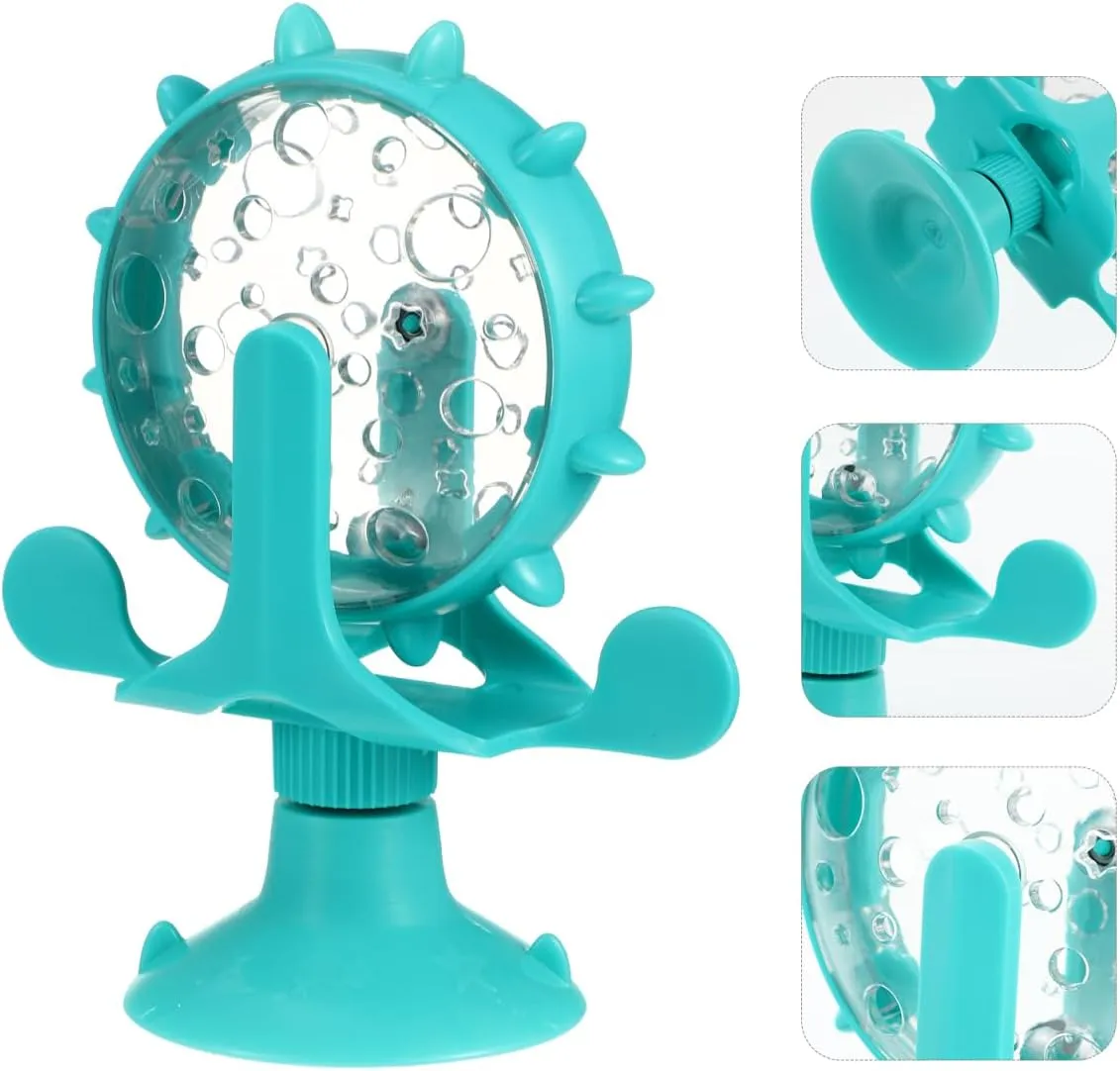 Interactive Pet Treats Dispenser Toy: 360 Degree Rotating Windmil Puzzle Toys for Small Cat & Dog - Blue Exercise Wheel Cat Feeder with Suction Cup