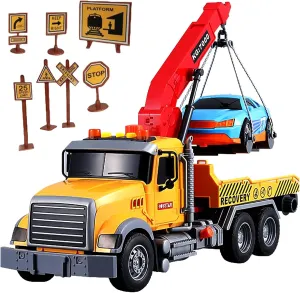 IYEAM 15" Tow Truck Toy with Hooks and Car for Kids Boys Girls Friction Powered Truck Toy with Sound and Lights