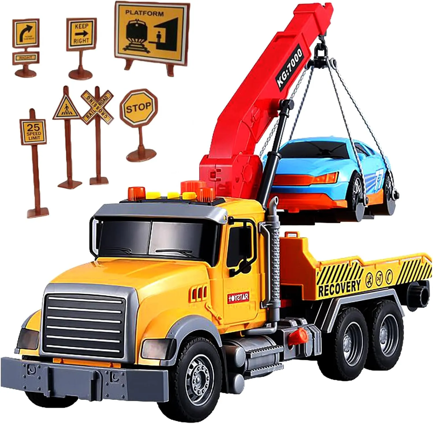 IYEAM 15" Tow Truck Toy with Hooks and Car for Kids Boys Girls Friction Powered Truck Toy with Sound and Lights