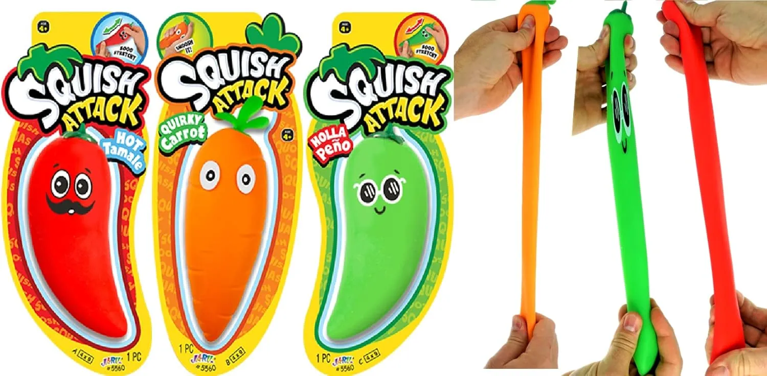 JA-RU Stretchy Carrot Squish Attack Sensory Toy. Sensory Toy Stress Relief Toys Sand Filled, Fidget Toys Easter Gifts for Kids and Adults. Party Favors 5560 (1 Carrot & 2 Peppers)