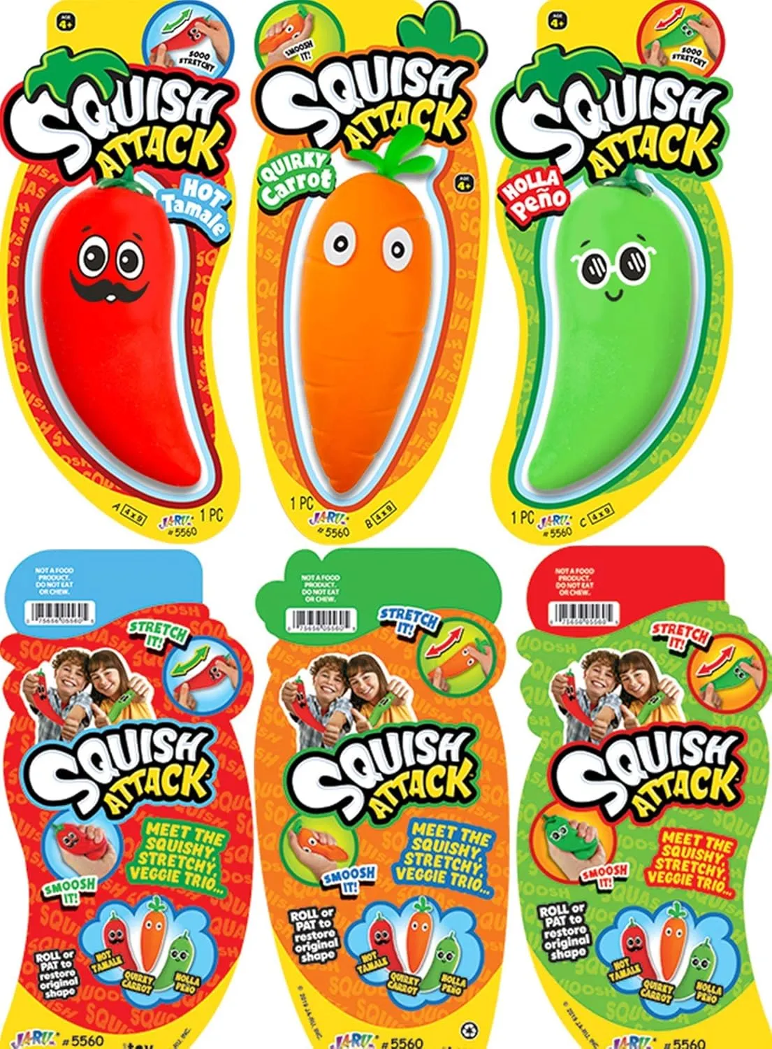 JA-RU Stretchy Carrot Squish Attack Sensory Toy. Sensory Toy Stress Relief Toys Sand Filled, Fidget Toys Easter Gifts for Kids and Adults. Party Favors 5560 (1 Carrot & 2 Peppers)