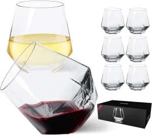 JBHO Stemless Wine Glasses Set of 6, Red or White Small Wine Glass set, 10oz Diamond Shaped, Unique Short Tumblers, Cocktail Glass, Nice Gift-Packaging for Housewarming, Birthday,Valentine,NewYear
