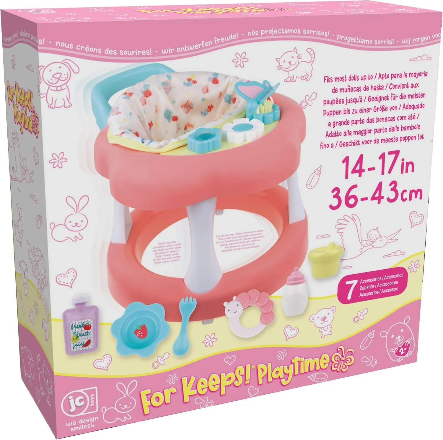 JC Toys - For Keeps Playtime! | Baby Doll Walker Gift Set | Fits Dolls up to 17" | Cloth Seat for easy use and Play Accessories | Ages 2 