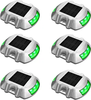 JIGUOOR Solar Deck Lights LED Driveway Lights Solar Powered Dock Light Outdoor IP68 Waterproof Road Markers for Step Sidewalk Stair Boat Garden Ground Pathway Yard (Green, 6 Pack)