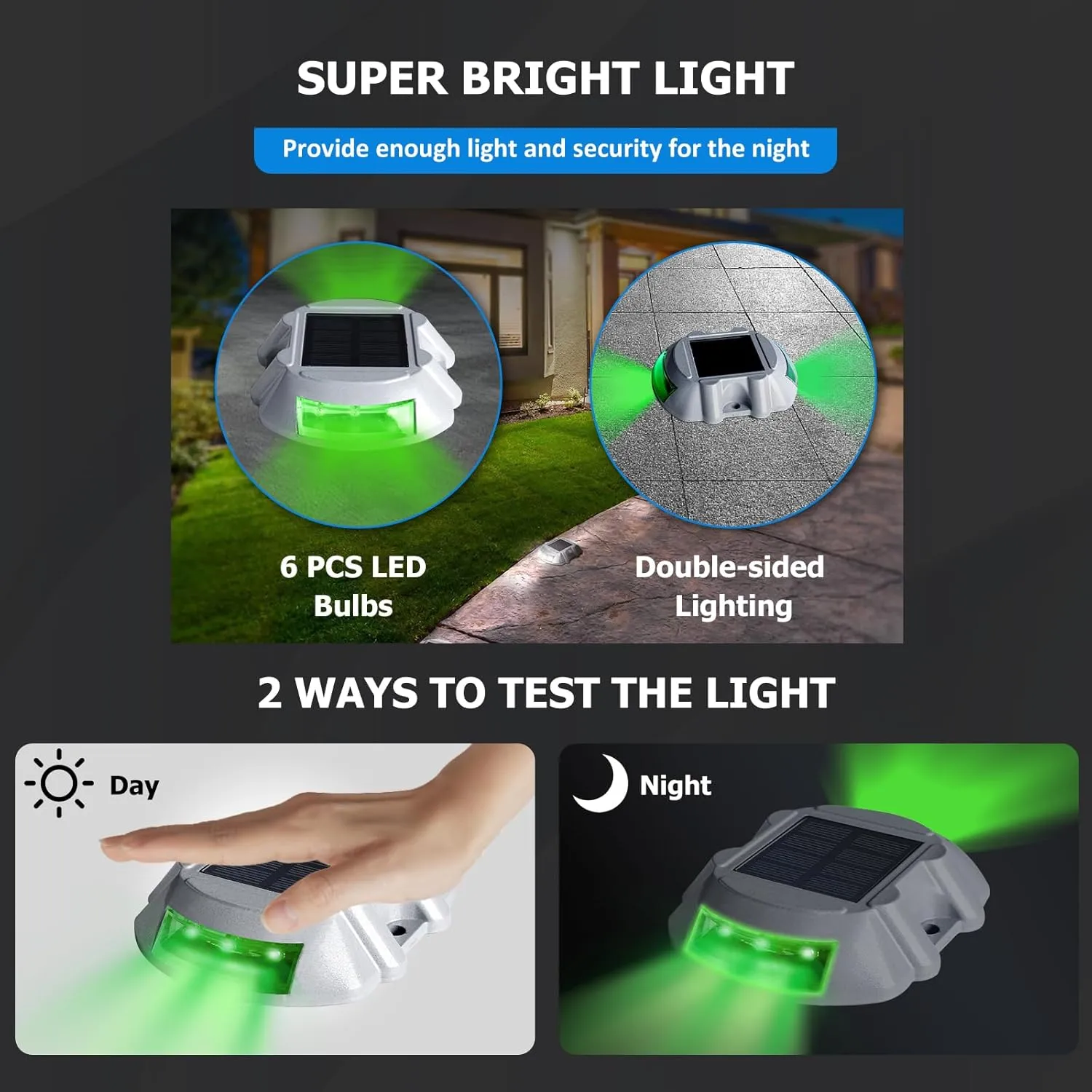 JIGUOOR Solar Deck Lights LED Driveway Lights Solar Powered Dock Light Outdoor IP68 Waterproof Road Markers for Step Sidewalk Stair Boat Garden Ground Pathway Yard (Green, 6 Pack)