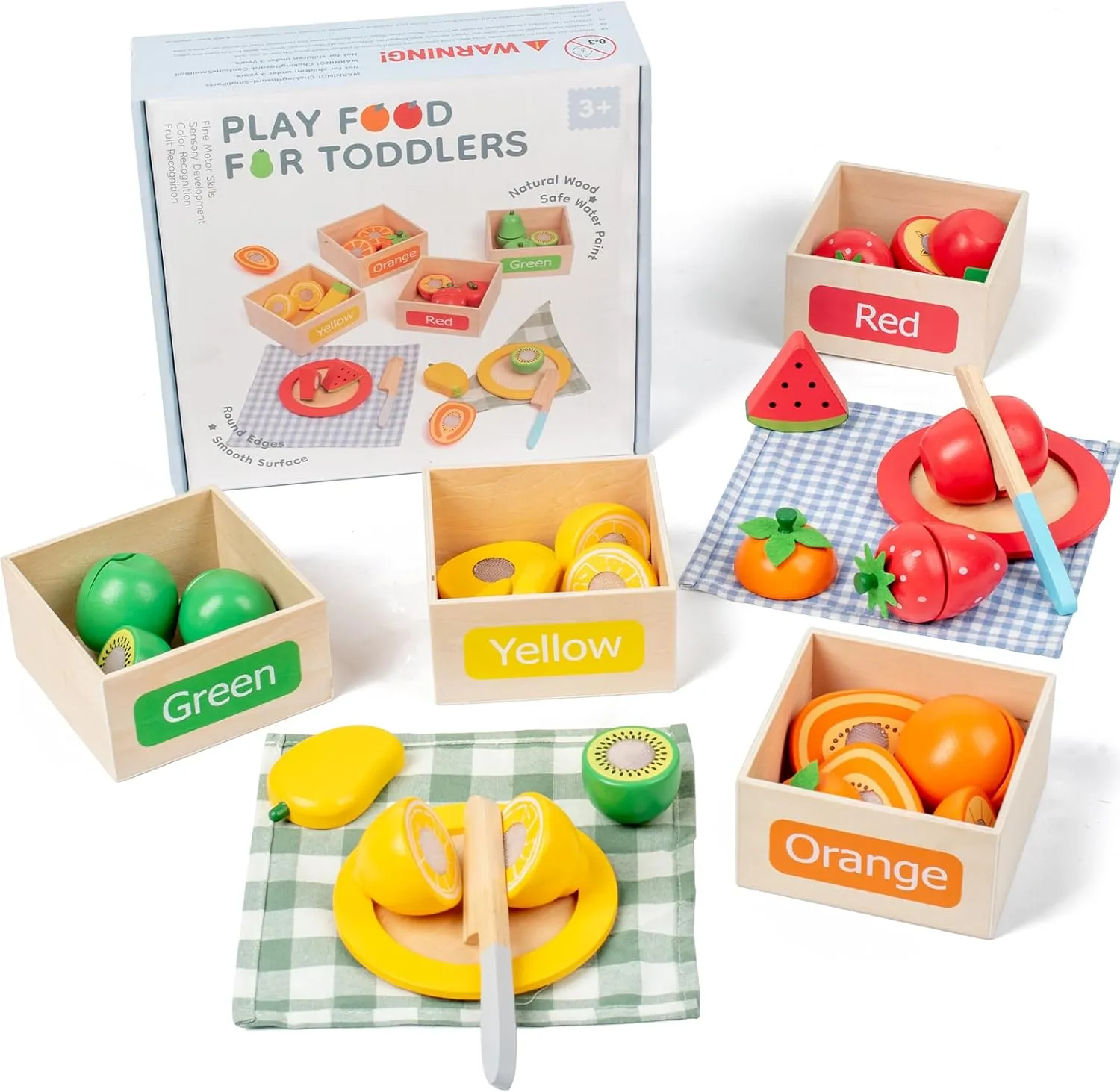 JOCY Wooden Play Food Set for Kids Kitchen – 24 Pcs Montessori Cutting & Sorting Fruits with 4 Boxes, Pretend Play Toys for Toddlers 3 , Educational Gift for Kids