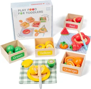 JOCY Wooden Play Food Set for Kids Kitchen – 24 Pcs Montessori Cutting & Sorting Fruits with 4 Boxes, Pretend Play Toys for Toddlers 3 , Educational Gift for Kids