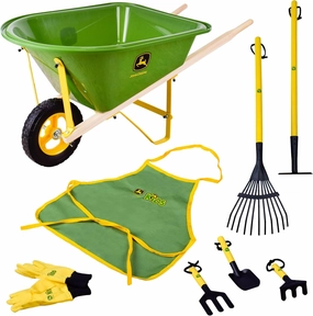 John Deere Deluxe 34" Wheelbarrow and Garden Set Includes 5 Realistic Gardening Tools,Gardening Apron, Gardening Gloves, Large Wheelbarrow, Outdoor Toy Ages 5 