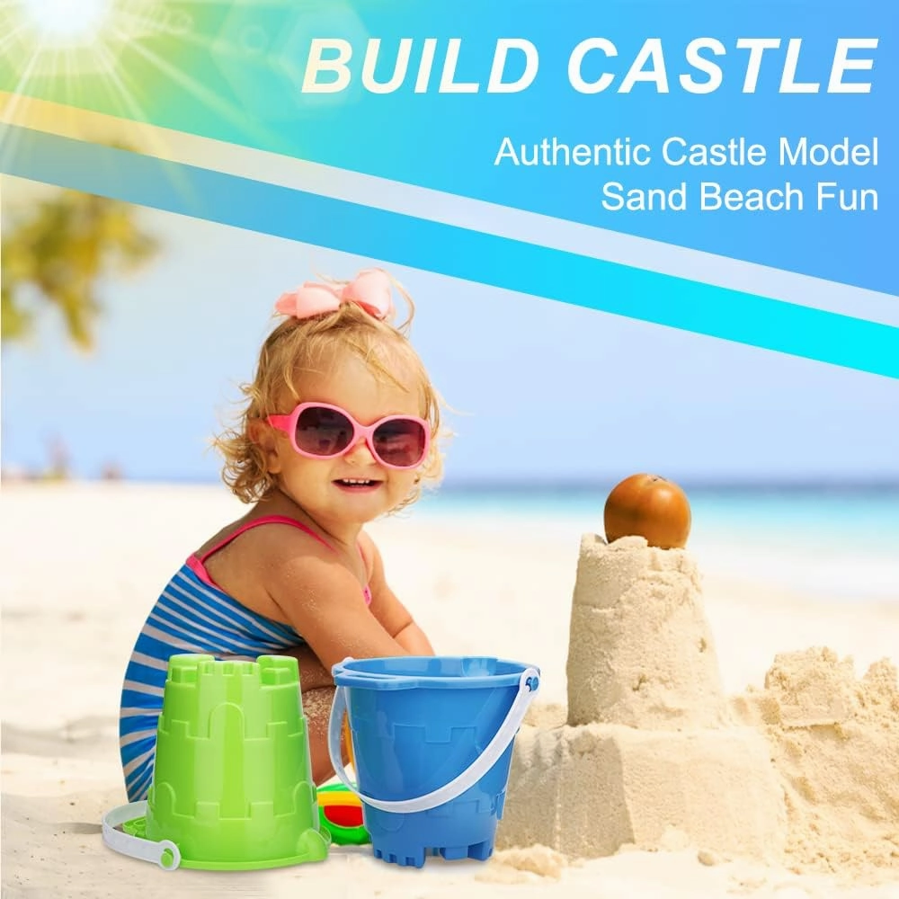 Jumbo Castle Model Beach Gear 7" Large Sand Buckets Pails Beach Water Pool Gardening Bath Toy Environmentally ABS Durable Thick Plastic Complete Gift Set Bundle For Kids Boys Girls- 3 Pack Green Blue