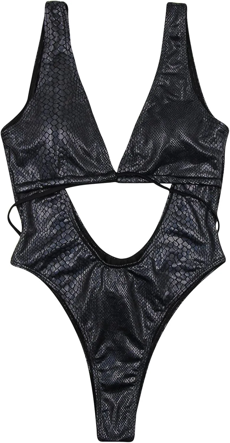 JUMISEE Women Rave Holographic Snakeskin Wrap Swimsuit Sexy Strappy Backless Bathing Suit