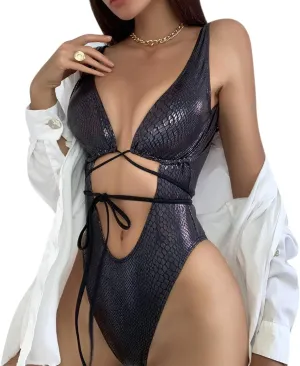 JUMISEE Women Rave Holographic Snakeskin Wrap Swimsuit Sexy Strappy Backless Bathing Suit