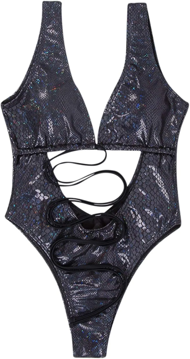 JUMISEE Women Rave Holographic Snakeskin Wrap Swimsuit Sexy Strappy Backless Bathing Suit