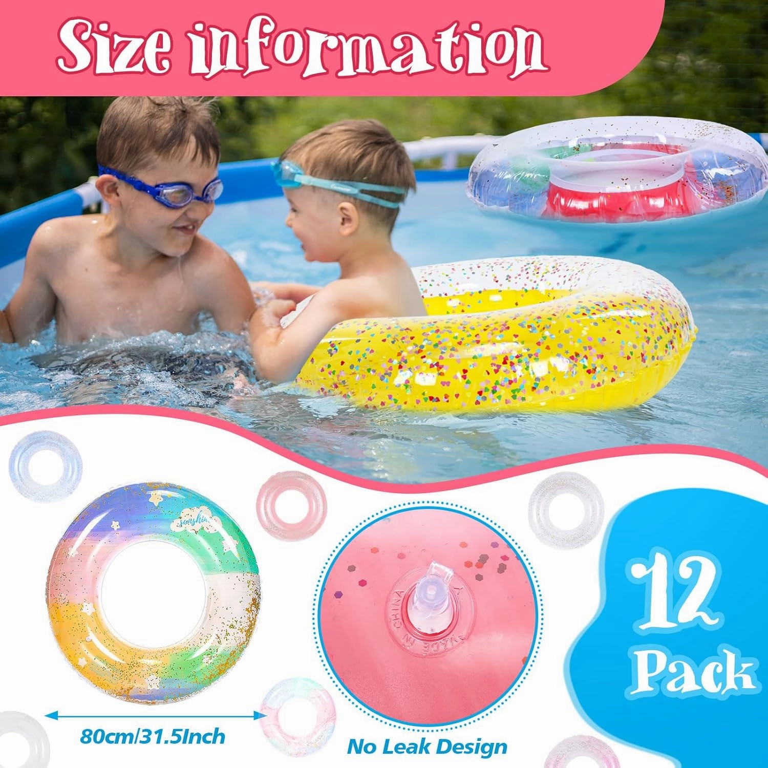 Junkin 12 Pack Inflatable Pool Float 31.5 Inch Glitter Swim Tubes Rings Confetti Water Colorful Swimming Pool Floats Toys for Girls Boys Adults Outdoor Summer Beach Supplies