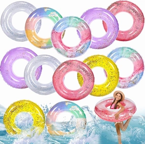 Junkin 12 Pack Inflatable Pool Float 31.5 Inch Glitter Swim Tubes Rings Confetti Water Colorful Swimming Pool Floats Toys for Girls Boys Adults Outdoor Summer Beach Supplies