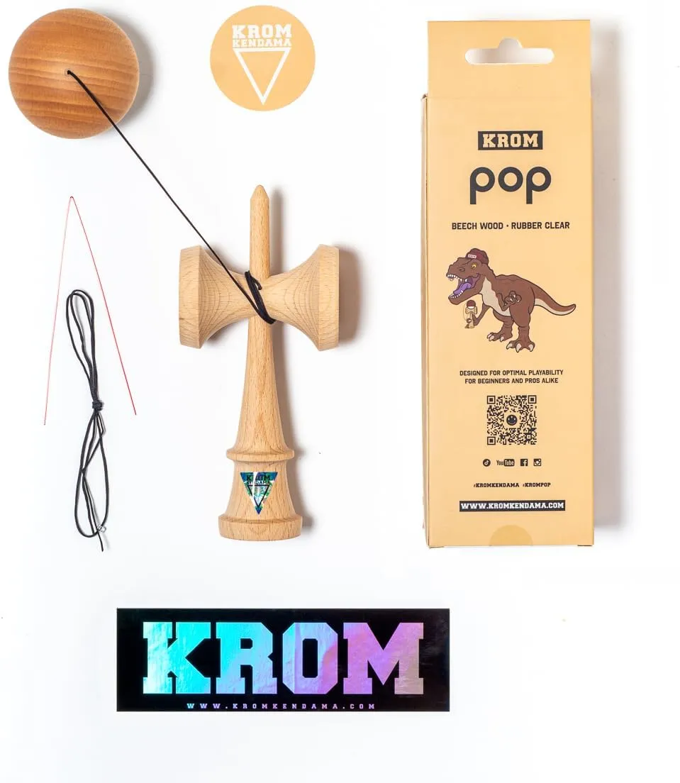 Kendama Toy POP Natural Look - High Wood Quality - Extra Strong - for Beginner and Pro - Gift Pack : Extra String   Stickers