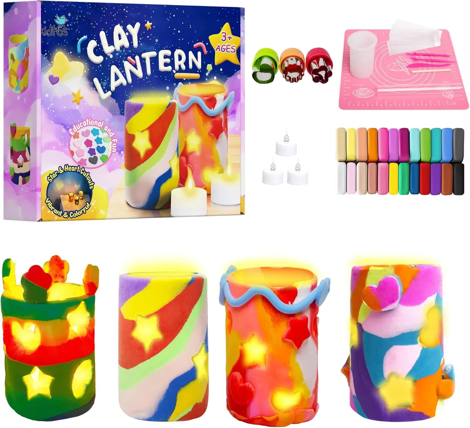 Kiditos DIY Light-up Clay Lanterns Making Set,Make Your Own Clay Luminaries with 24 Colors Clay,Arts&Crafts School Project Toy for Kids Age 3 ,STEM Creative Birthday Gift for Girls&Boys（Upgraded）