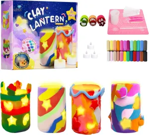 Kiditos DIY Light-up Clay Lanterns Making Set,Make Your Own Clay Luminaries with 24 Colors Clay,Arts&Crafts School Project Toy for Kids Age 3 ,STEM Creative Birthday Gift for Girls&Boys（Upgraded）