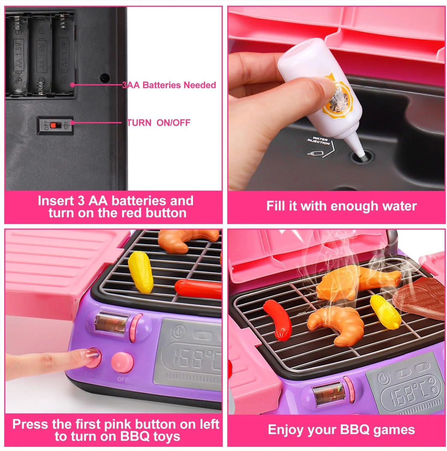 Kids BBQ Grill Playset with Coooking Apron Hat Toddler Girl Pink Kitchen Toy Ages 3-5 4-8 Pretend Smoke Sound Light Outdoor Barbecue Accessories Toy for 3 4 5 Year Old Girl Birthday Gift