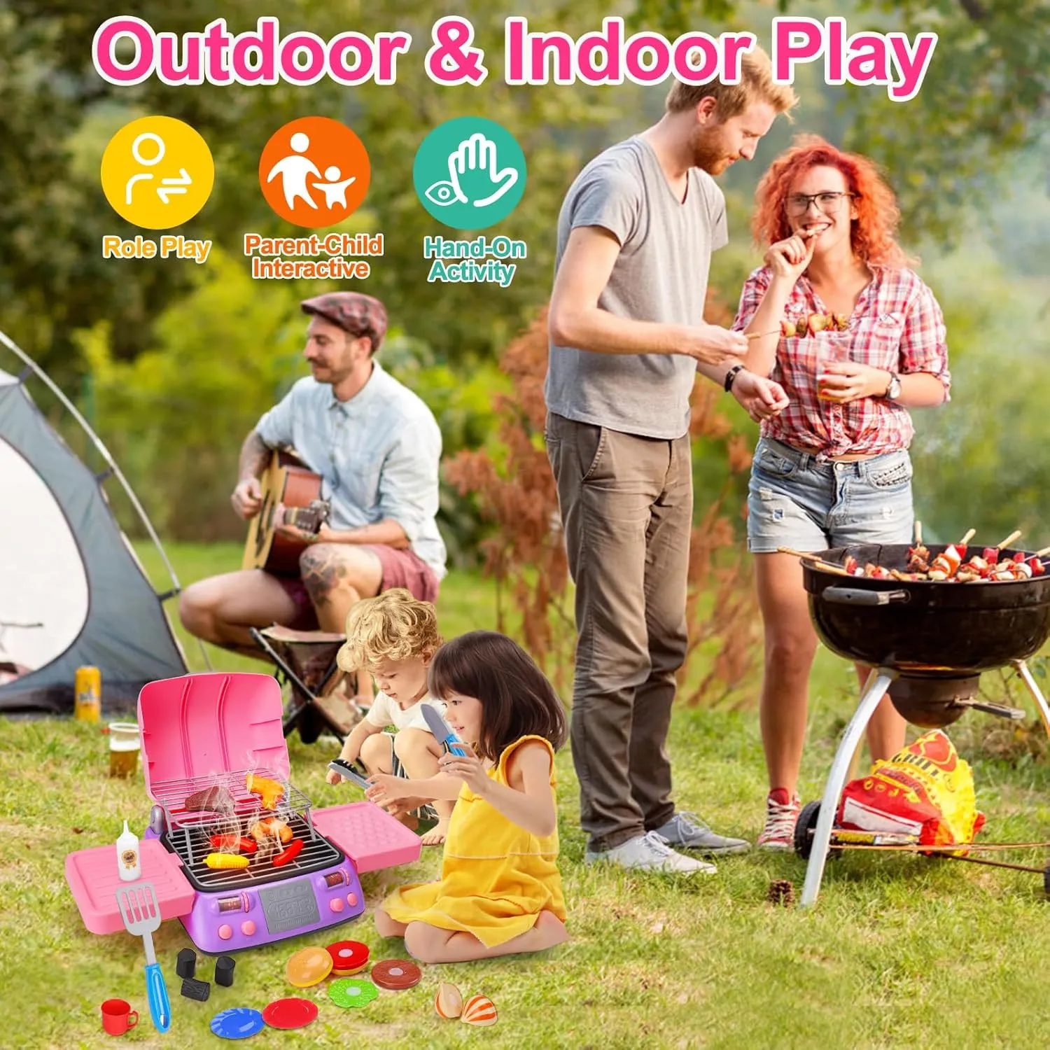 Kids BBQ Grill Playset with Coooking Apron Hat Toddler Girl Pink Kitchen Toy Ages 3-5 4-8 Pretend Smoke Sound Light Outdoor Barbecue Accessories Toy for 3 4 5 Year Old Girl Birthday Gift