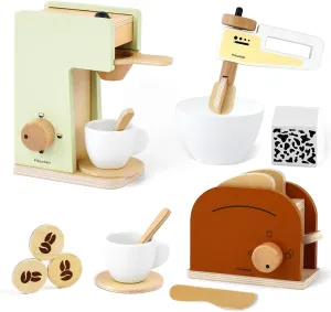 Kids Coffee Maker Playset,Wooden Toy Toaster,Toy Mixer,3-in-1 Kids Kitchen Playset,Pretend Play Kitchen Accessories,Wooden Kitchen Sets for Kids Toddlers Boys Girls Ages 3 
