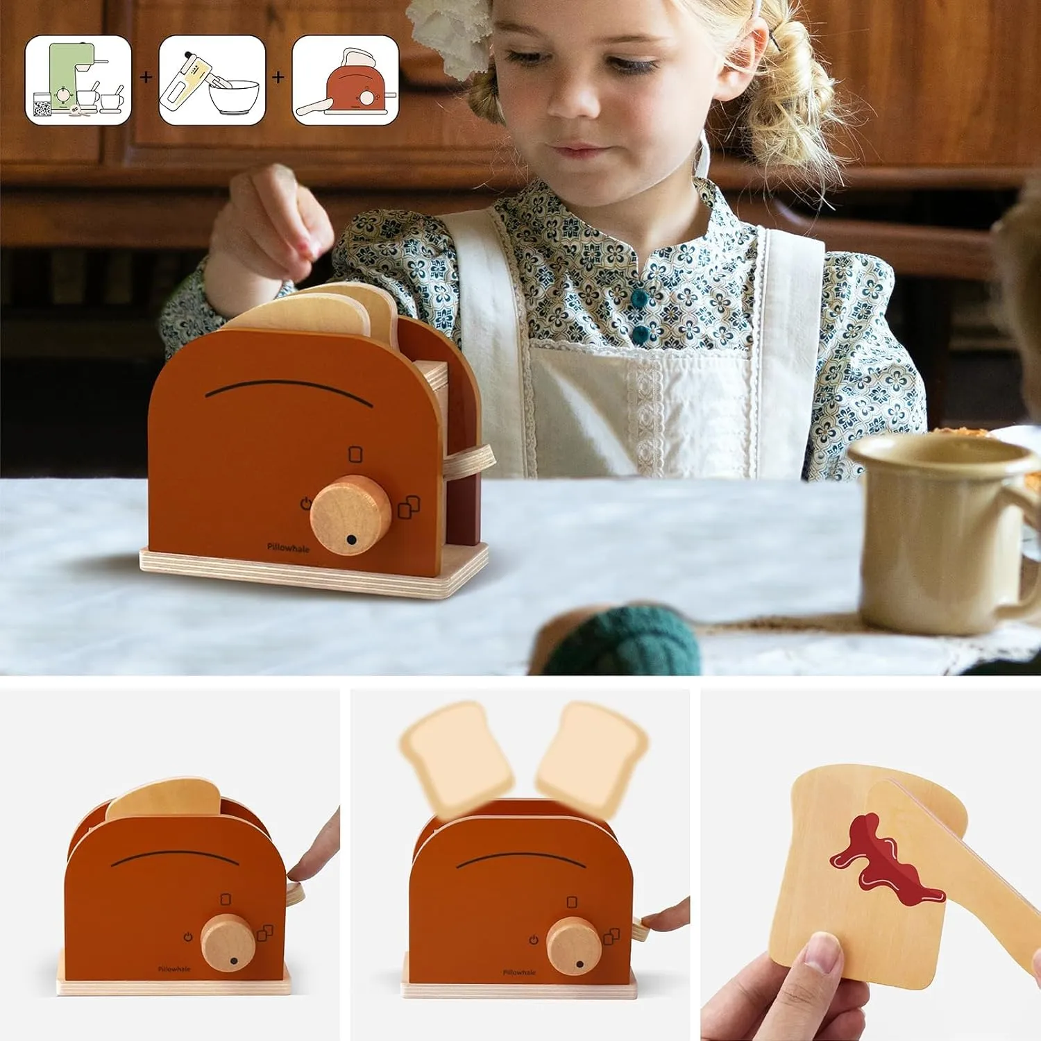 Kids Coffee Maker Playset,Wooden Toy Toaster,Toy Mixer,3-in-1 Kids Kitchen Playset,Pretend Play Kitchen Accessories,Wooden Kitchen Sets for Kids Toddlers Boys Girls Ages 3 