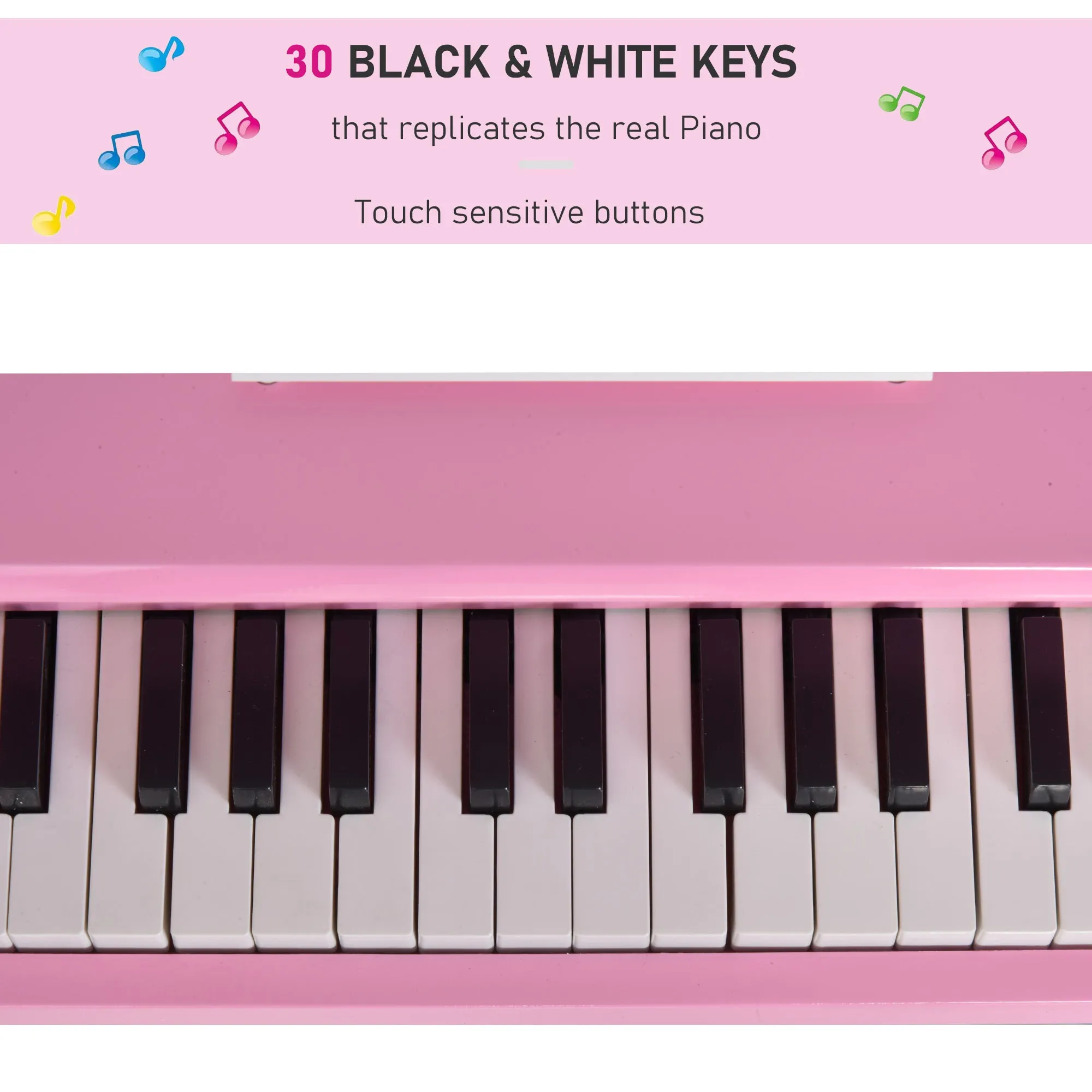Kids Grand Piano 30 Keys Mini Musical Toy with Music Stand Bench Set of 2 Ideal Gift for Children Pink