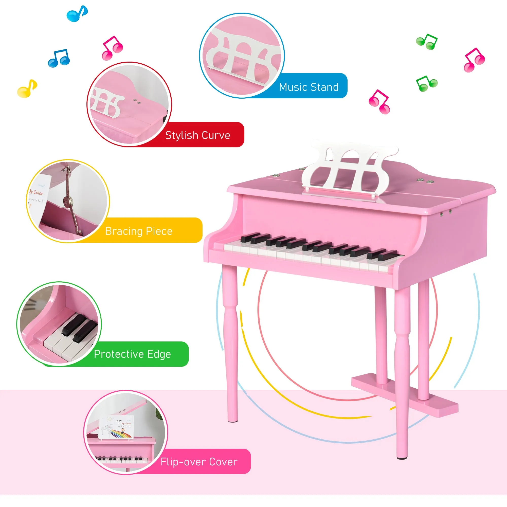 Kids Grand Piano 30 Keys Mini Musical Toy with Music Stand Bench Set of 2 Ideal Gift for Children Pink