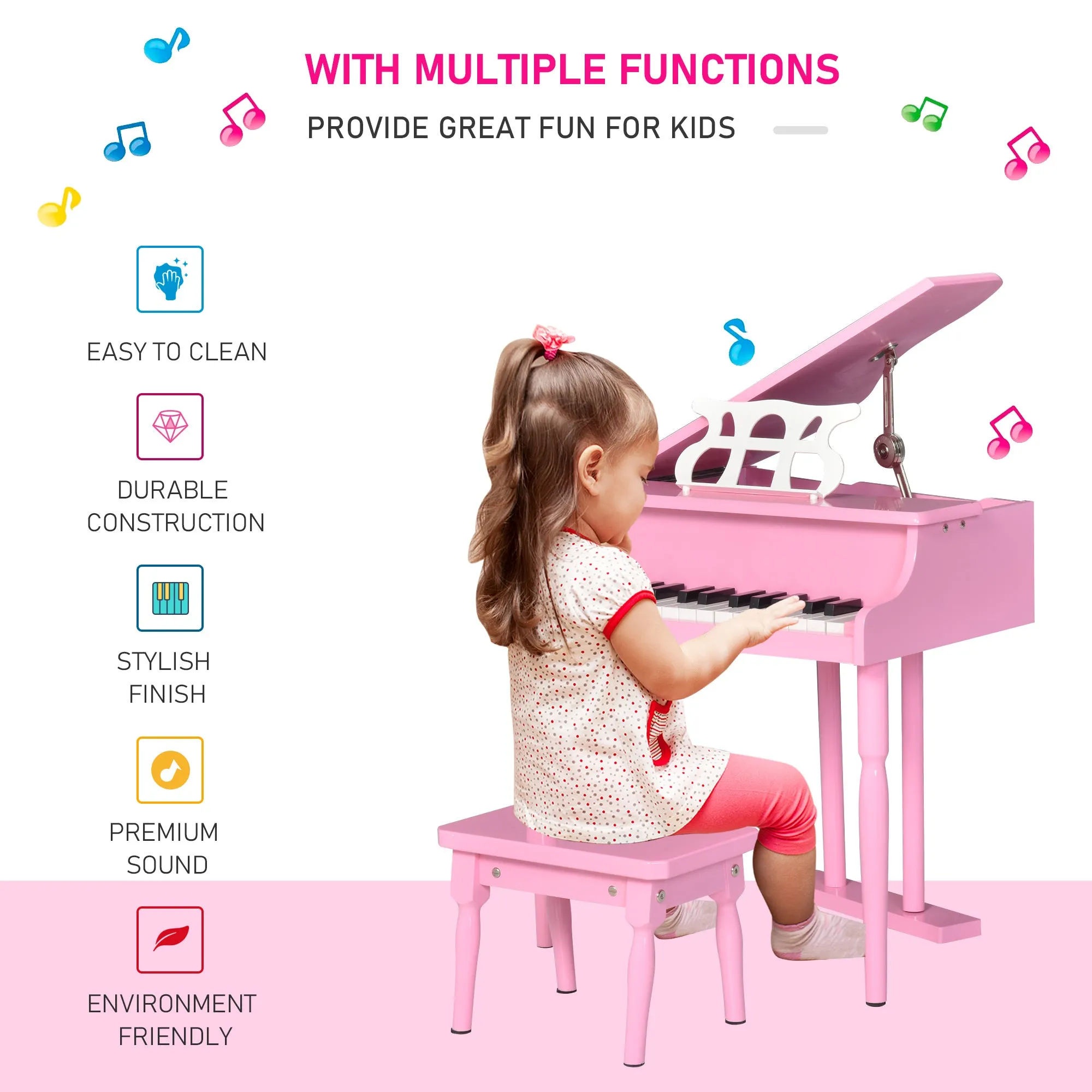 Kids Grand Piano 30 Keys Mini Musical Toy with Music Stand Bench Set of 2 Ideal Gift for Children Pink