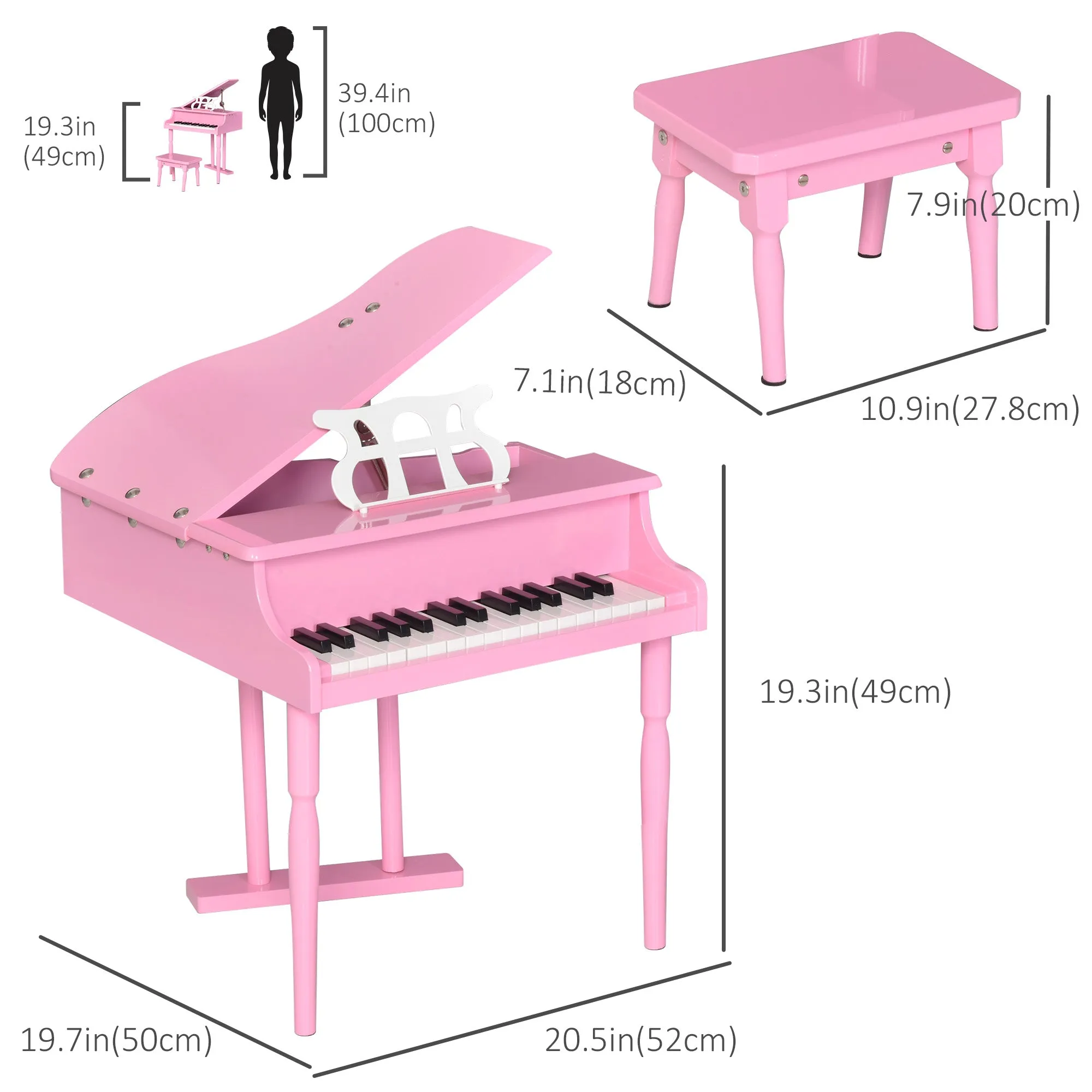 Kids Grand Piano 30 Keys Mini Musical Toy with Music Stand Bench Set of 2 Ideal Gift for Children Pink
