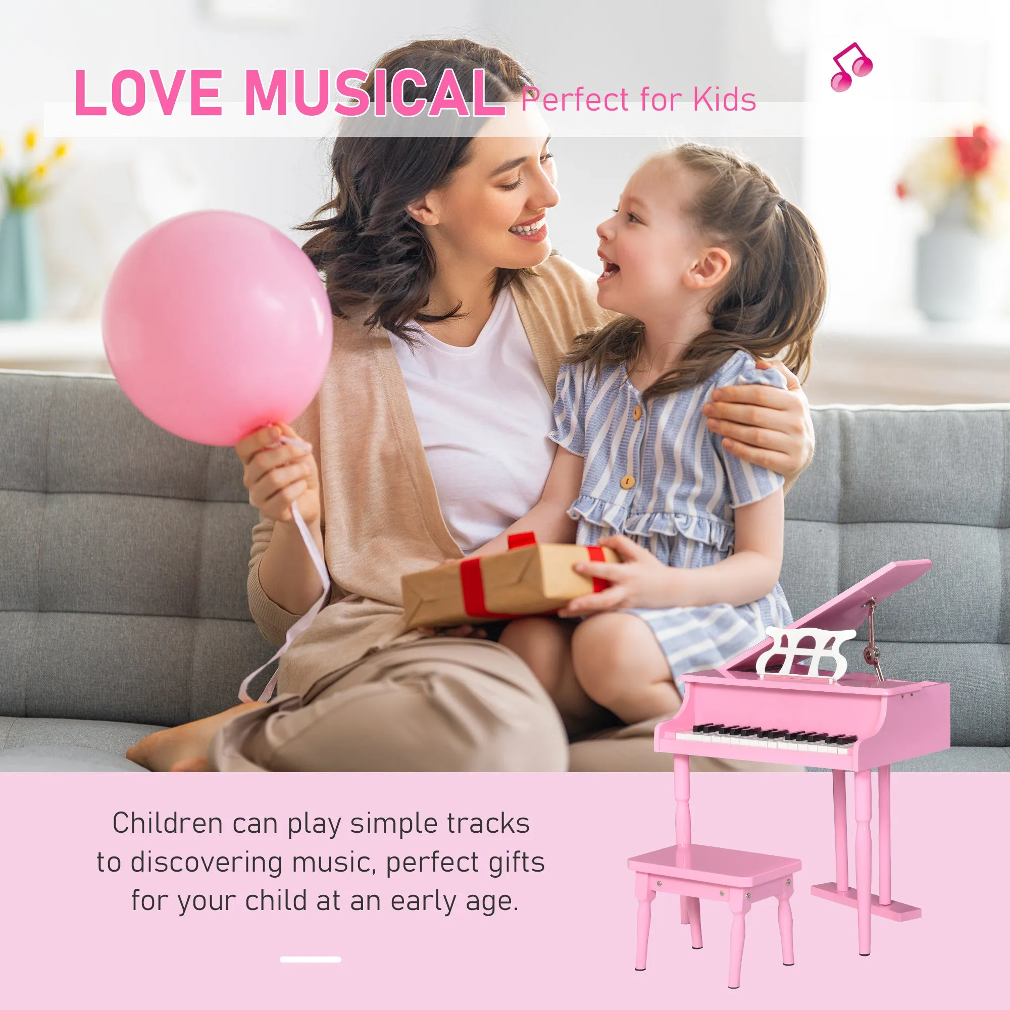 Kids Grand Piano 30 Keys Mini Musical Toy with Music Stand Bench Set of 2 Ideal Gift for Children Pink