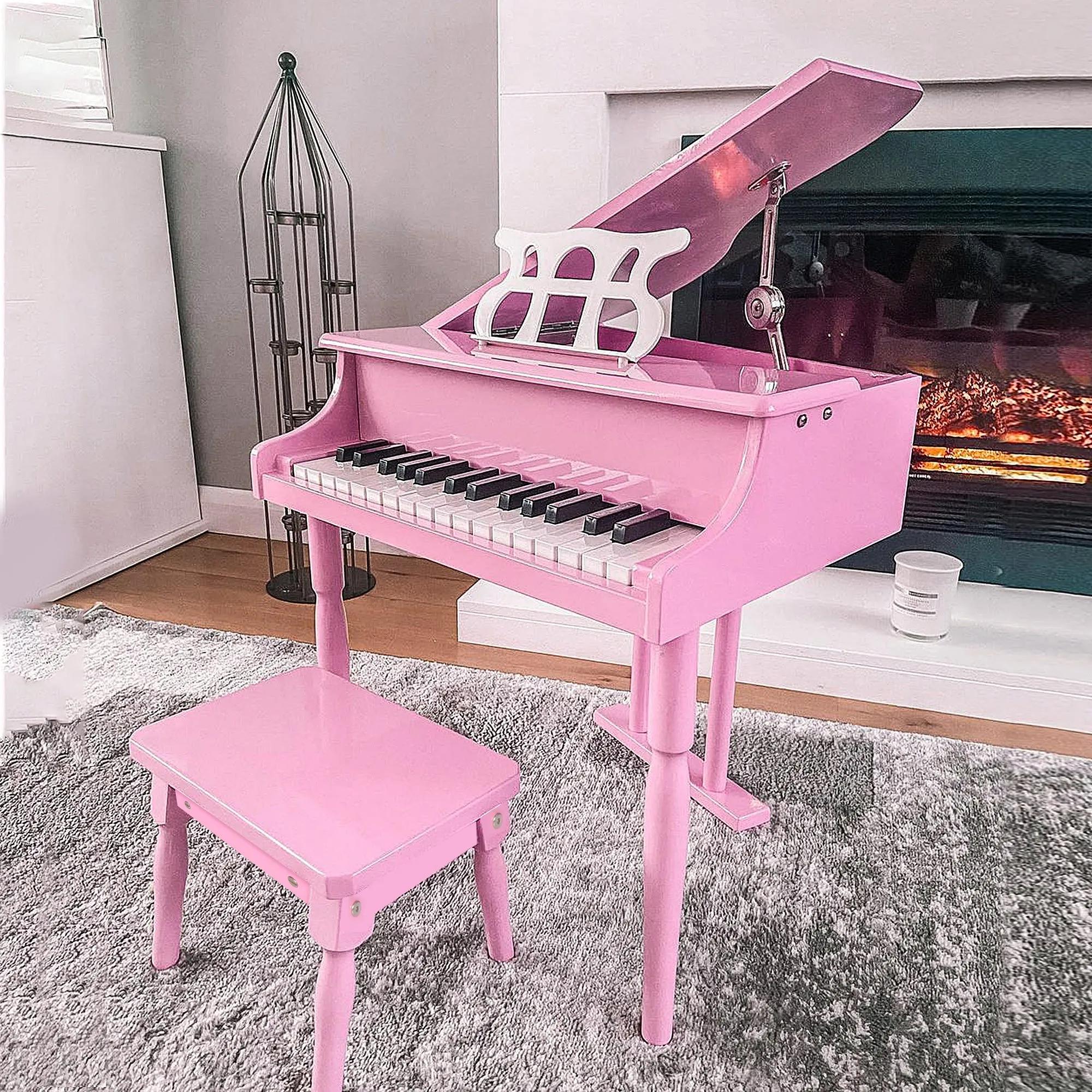 Kids Grand Piano 30 Keys Mini Musical Toy with Music Stand Bench Set of 2 Ideal Gift for Children Pink