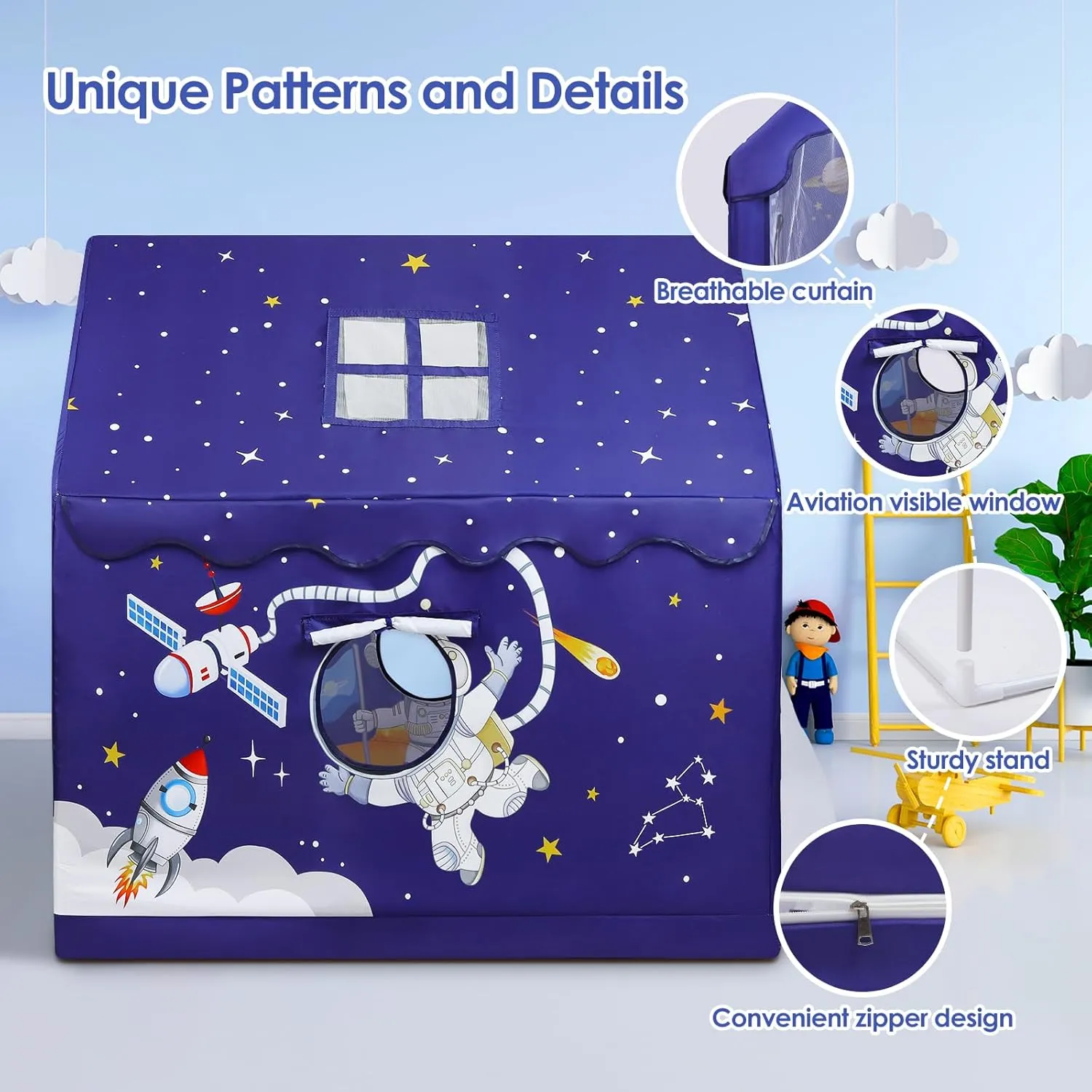 Kids Tent Blue Space Toddler Tent for Boys,Large and Foldable Kids Playhouse with Windows, Portable and Lightweight Play Tent Indoor&Outdoor for Gift to Toddlers