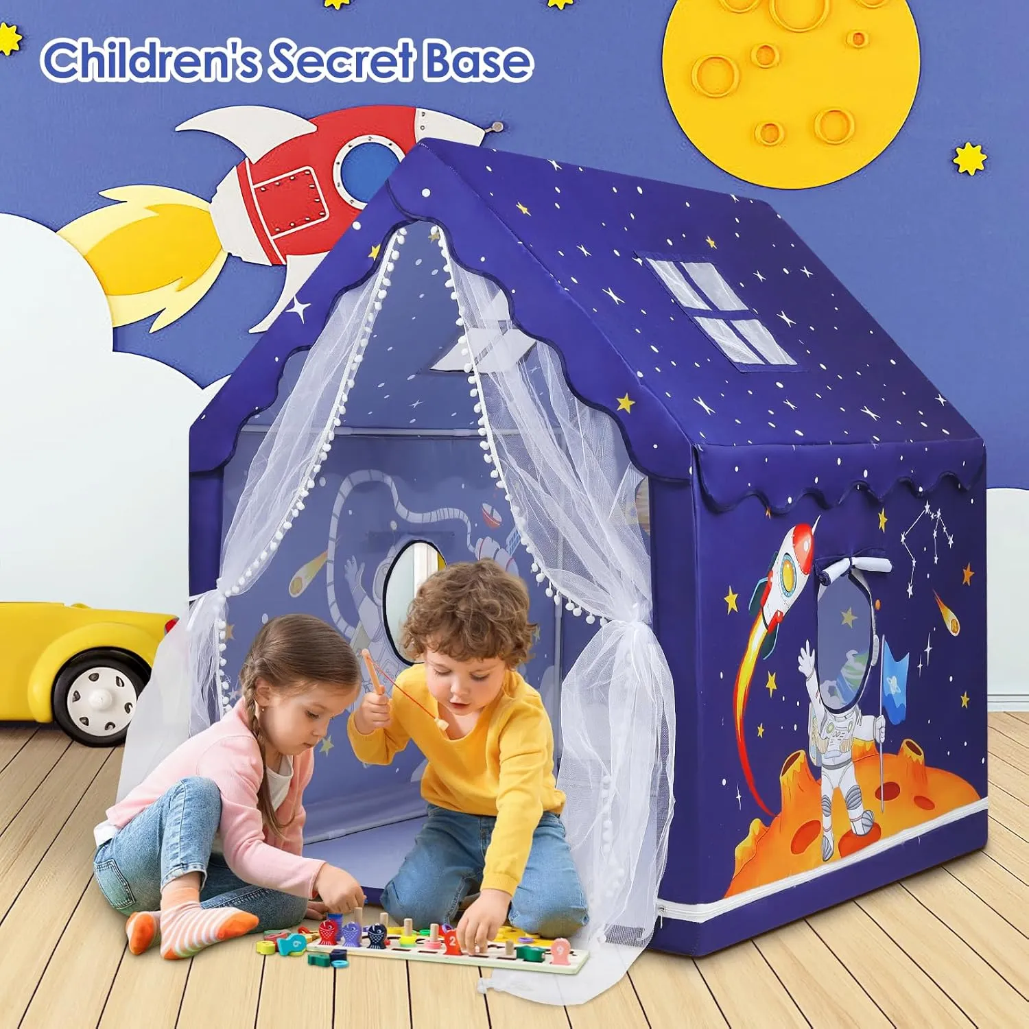 Kids Tent Blue Space Toddler Tent for Boys,Large and Foldable Kids Playhouse with Windows, Portable and Lightweight Play Tent Indoor&Outdoor for Gift to Toddlers