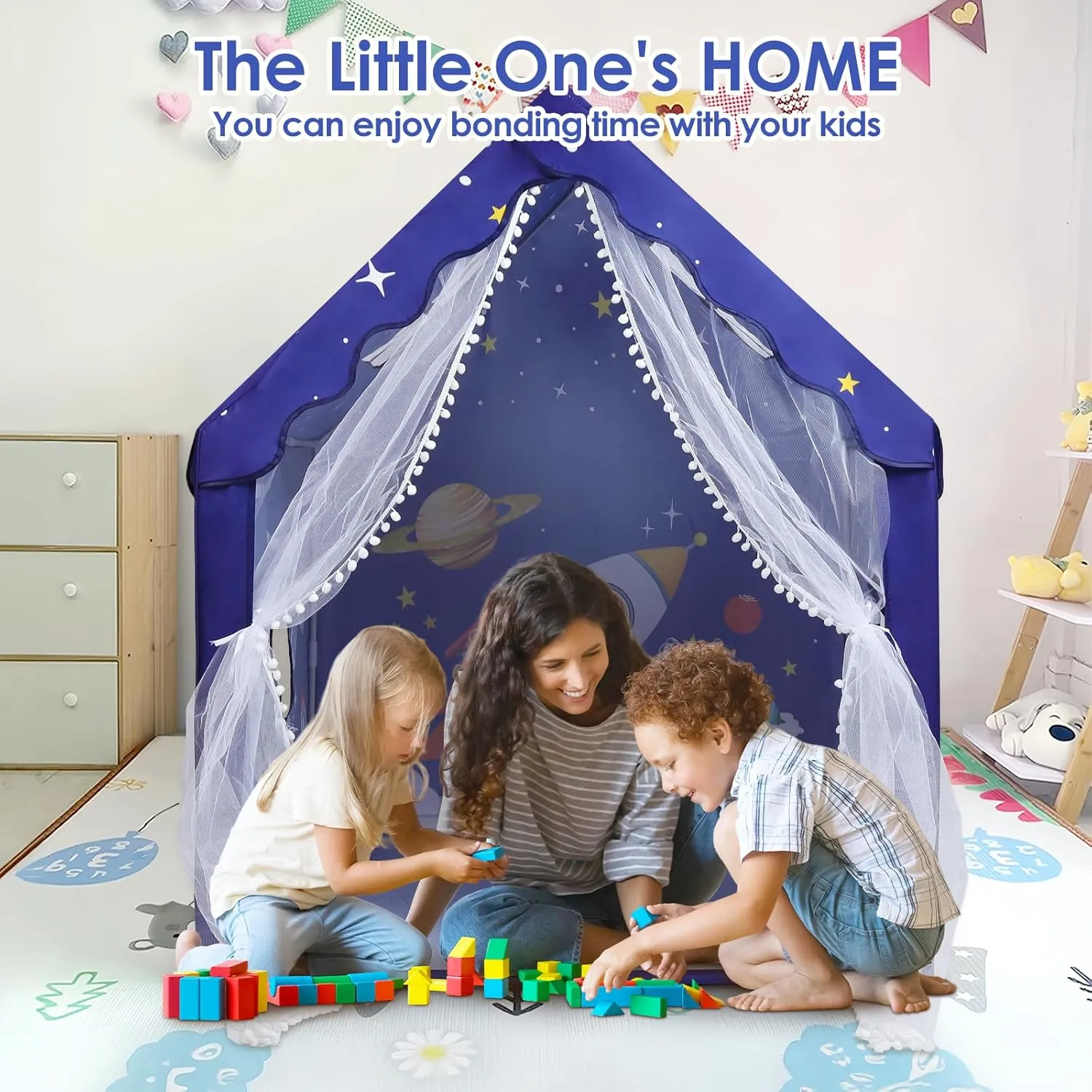 Kids Tent Blue Space Toddler Tent for Boys,Large and Foldable Kids Playhouse with Windows, Portable and Lightweight Play Tent Indoor&Outdoor for Gift to Toddlers