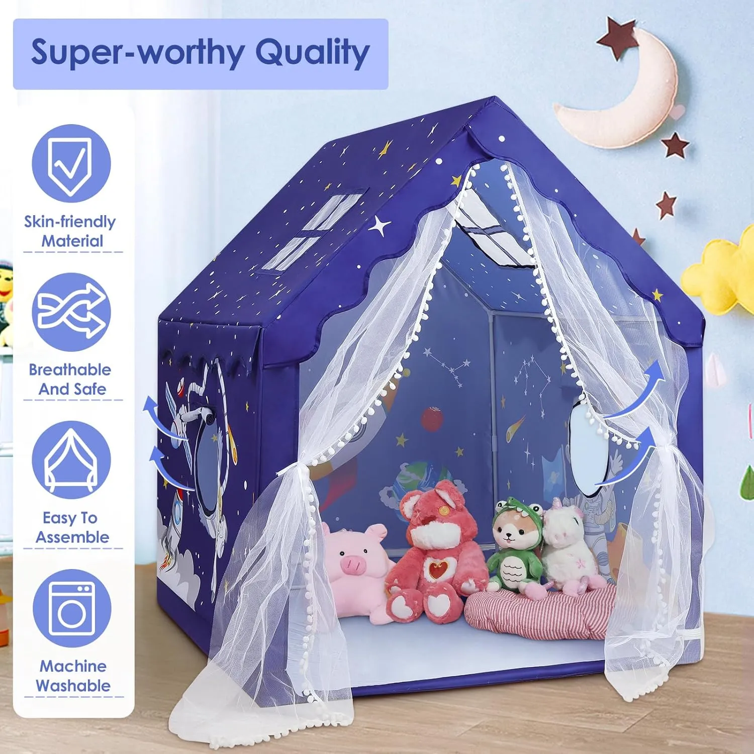 Kids Tent Blue Space Toddler Tent for Boys,Large and Foldable Kids Playhouse with Windows, Portable and Lightweight Play Tent Indoor&Outdoor for Gift to Toddlers