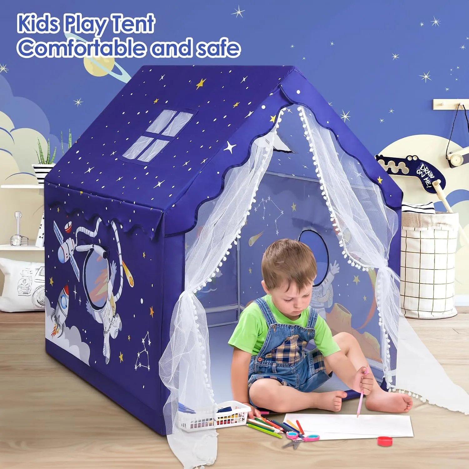 Kids Tent Blue Space Toddler Tent for Boys,Large and Foldable Kids Playhouse with Windows, Portable and Lightweight Play Tent Indoor&Outdoor for Gift to Toddlers