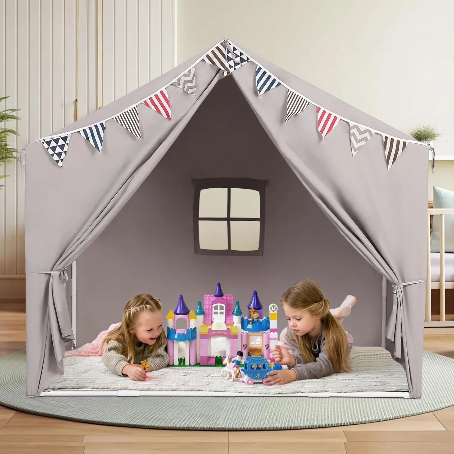 Kids Tent with Mat Playhouse for Kids Indoor Outdoor Play Tent for Toddlers 3 4 5 6 Year Olds Grey