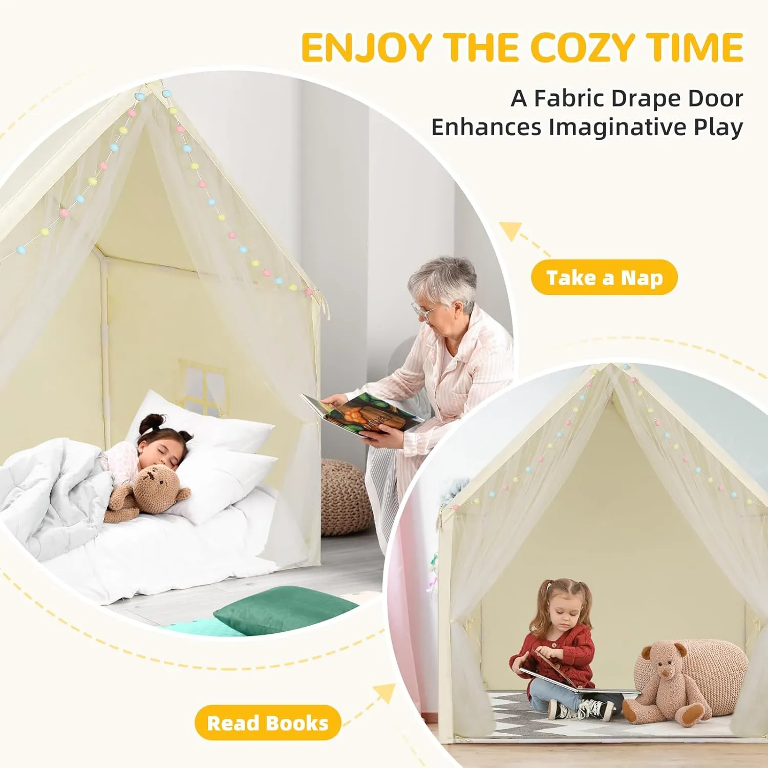 Kids Tent,Play House for Kids Indoor Outdoor,Play Tent Princess Fort Castle Playhouse for Girls Boys(Light Yellow)