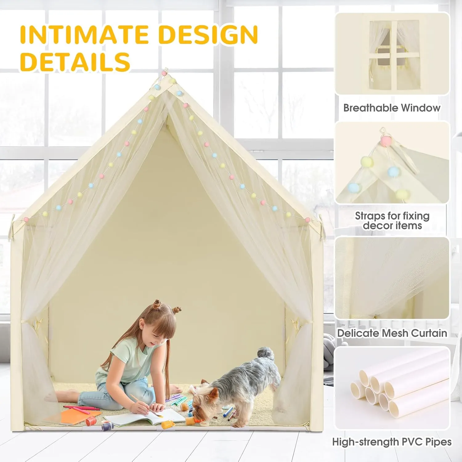 Kids Tent,Play House for Kids Indoor Outdoor,Play Tent Princess Fort Castle Playhouse for Girls Boys(Light Yellow)