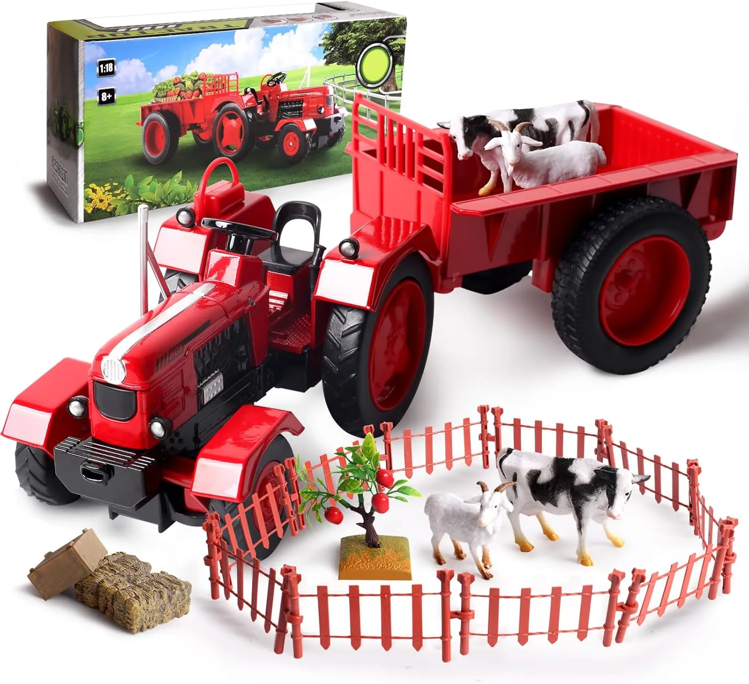 Kids Tractor Toy - Fubarbar Metal Truck Toy Farm Trailer Playset Outdoor Farm Scale Model Vehicle for Boys and Girls, for Ages 18 Months to 6 Years Old