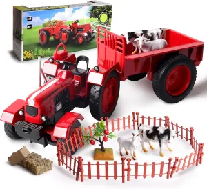 Kids Tractor Toy - Fubarbar Metal Truck Toy Farm Trailer Playset Outdoor Farm Scale Model Vehicle for Boys and Girls, for Ages 18 Months to 6 Years Old