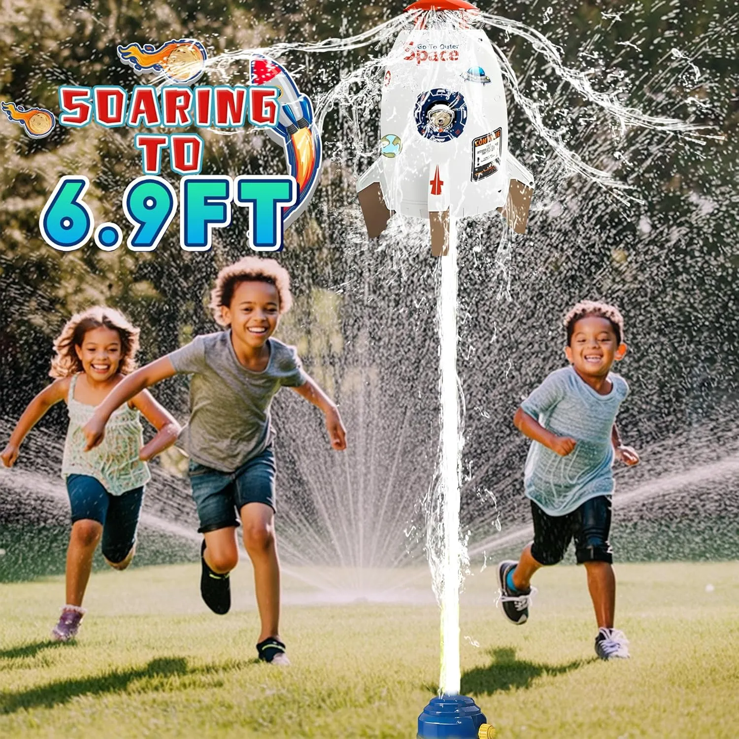 Kids Water Sprinklers for Outside, Rocket Water Launcher Toy for Garden Backyard Summer Fun, Spinning Sprinkler Outdoor Gift for Boys Girls Age 3–12 Year Old (White)