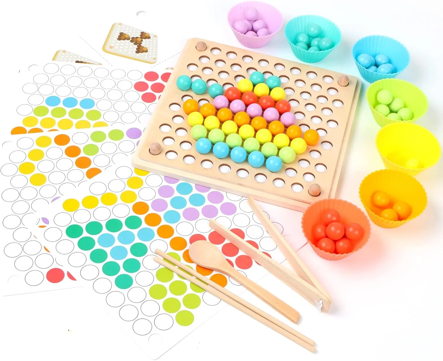Kids Wooden Toy, Children's Toys for 3 Years Old, Montessori Board, Fine Motor Early Education Color Recognition Chopsticks Clip Beads Hands Brain Training