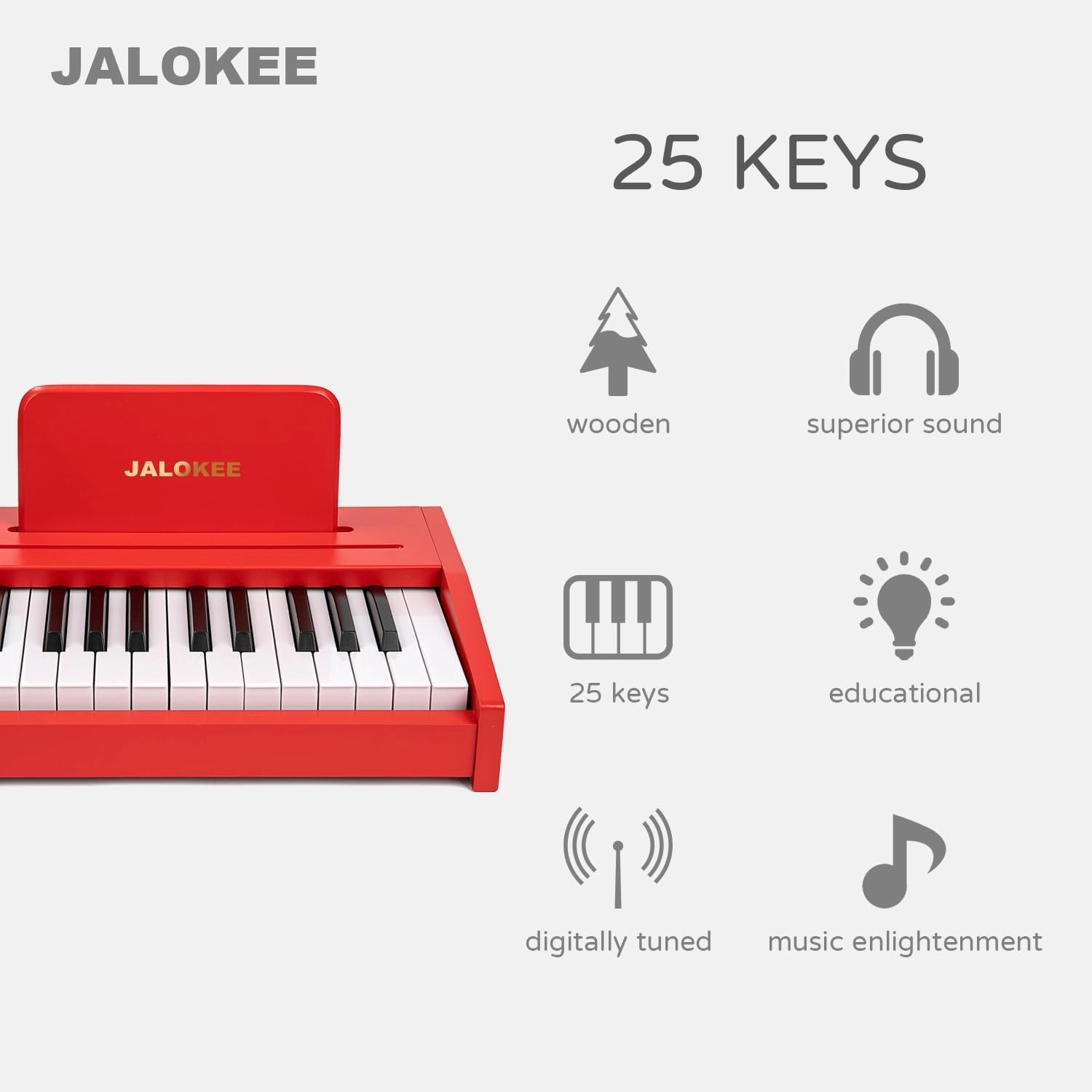 Kids Piano Keyboard, Digital Piano for Kids, Music Educational Instrument Toy, Wood Toy for 3  Girls and Boys (Red, 25 Keys)