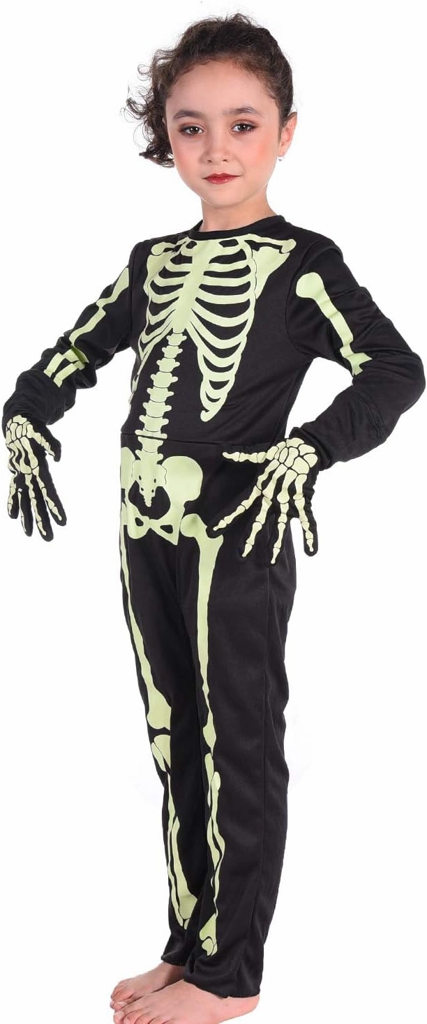 Kids Skeleton Costumes Halloween Costume Glow in The Dark Child White Bones Stretch Body Suit for Boys Girls