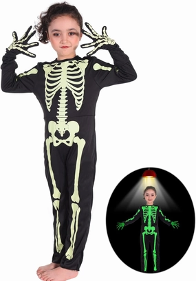 Kids Skeleton Costumes Halloween Costume Glow in The Dark Child White Bones Stretch Body Suit for Boys Girls