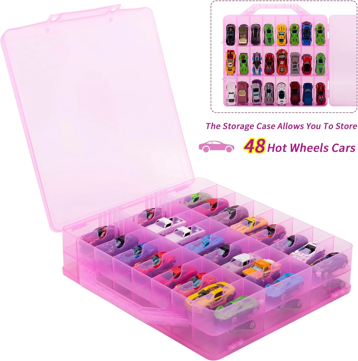 KISLANE Double Sided Toy Car Storage Case for 48 Toy Cars, Matchbox Cars, Mini Toys, Small Dolls, Portable Transparent Storage Case for Toy Cars, Matchbox Cars with 48 Compartments, Case Only