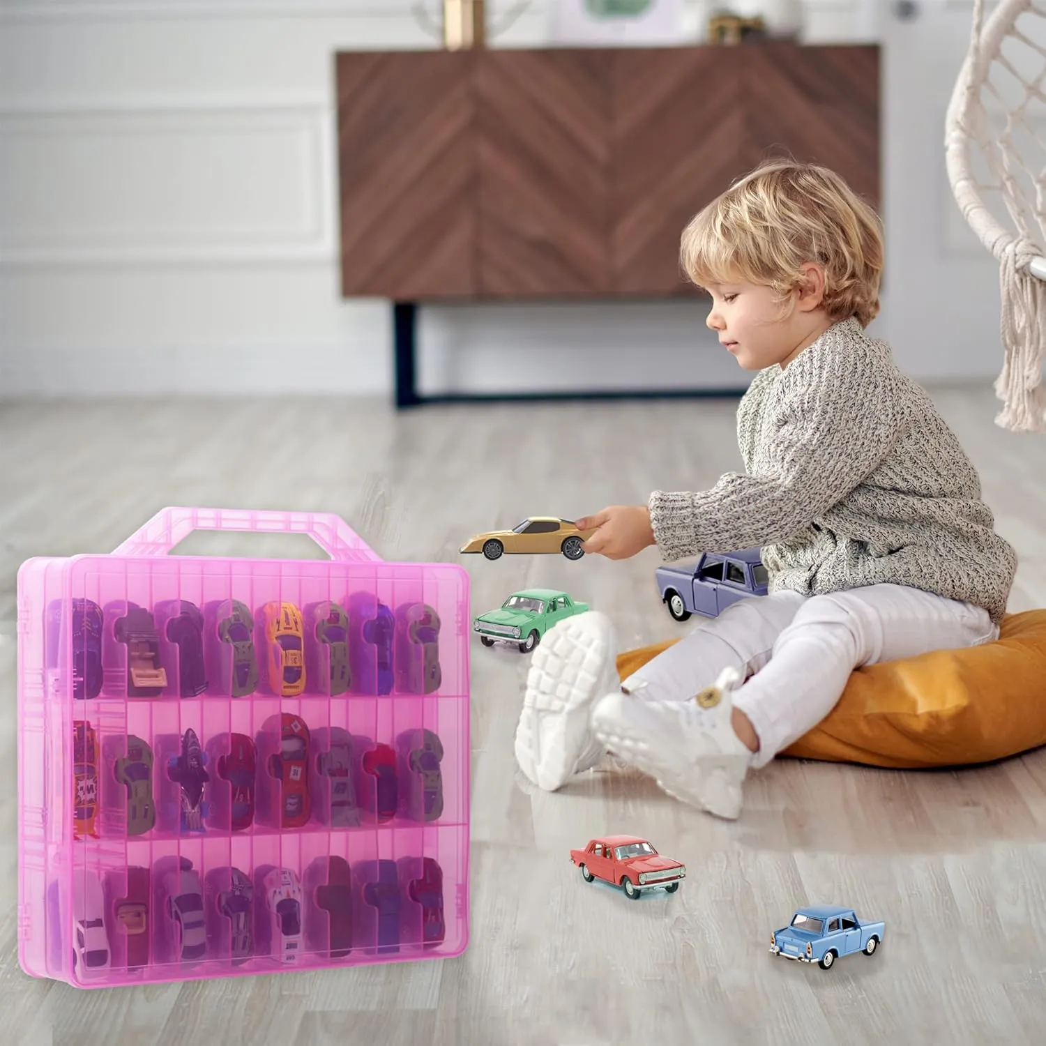 KISLANE Double Sided Toy Car Storage Case for 48 Toy Cars, Matchbox Cars, Mini Toys, Small Dolls, Portable Transparent Storage Case for Toy Cars, Matchbox Cars with 48 Compartments, Case Only